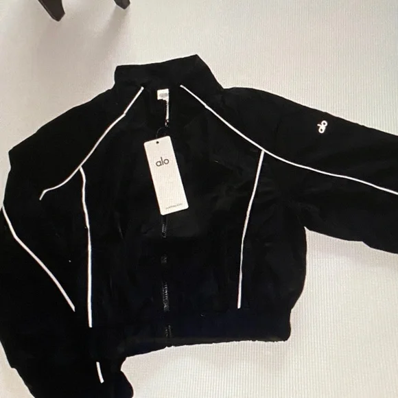 ALO Yoga Black Cropped Bomber Jacket with White Piping - Picture 2 of 5